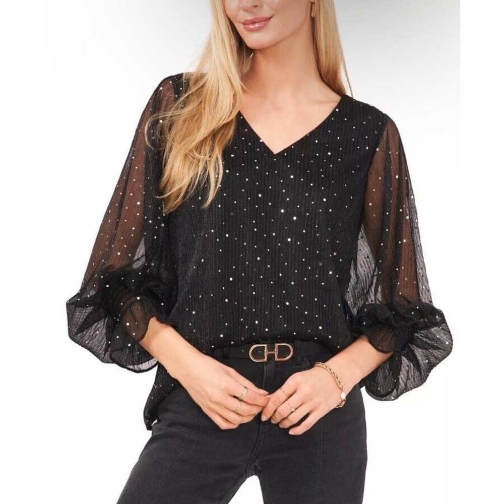 Vince Camuto RICH BLACK Women's Sequin Polka Dot Balloon Sleeve Blouse Small